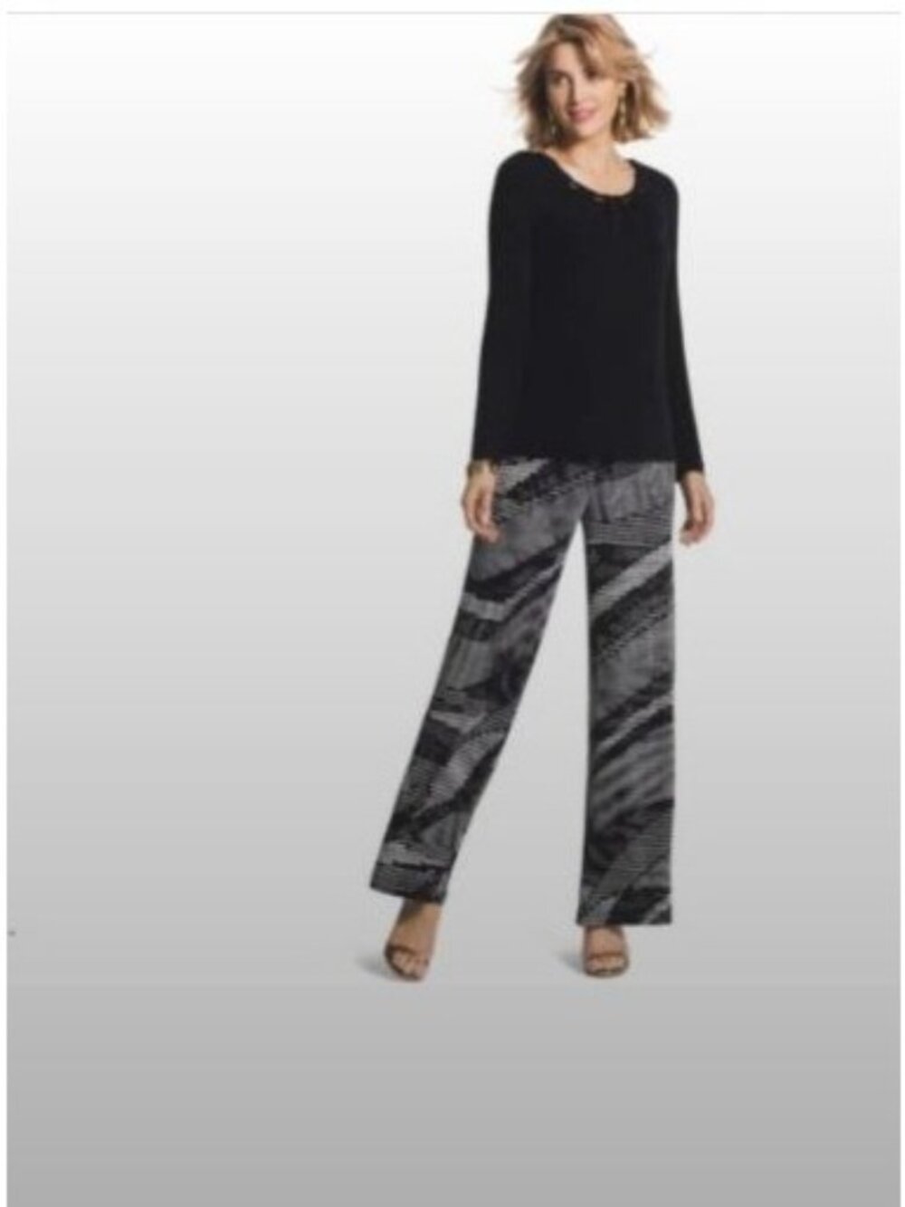 Chico's 2 Travelers Palazzo Pants size large Printed Wide Leg Pull On Navy White